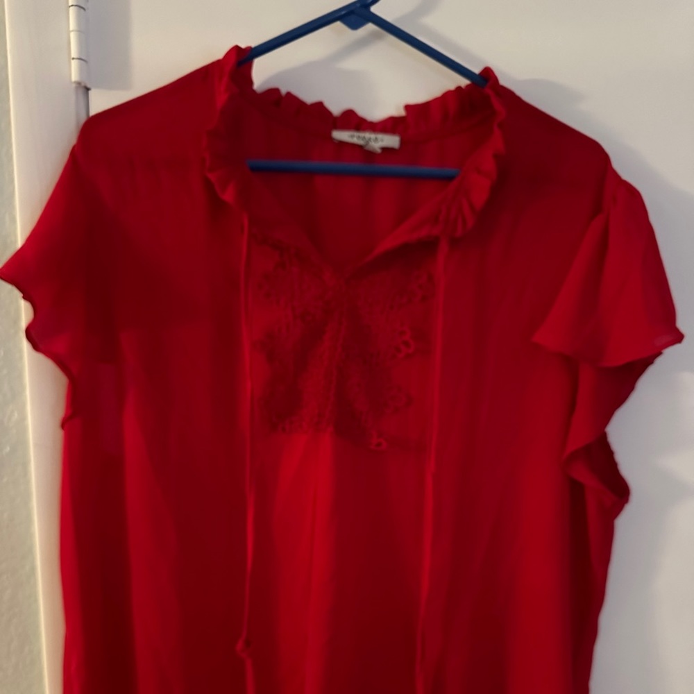 Red slight ruffle sleeve & tie front blouse